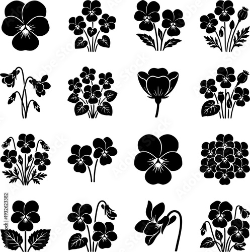 16 Premium Black Violet Flower Icons - Wedding & Botanical Graphic Elements. Vector Illustration. Design Element. Clip art. Suitable for artwork design. Editable for any design.