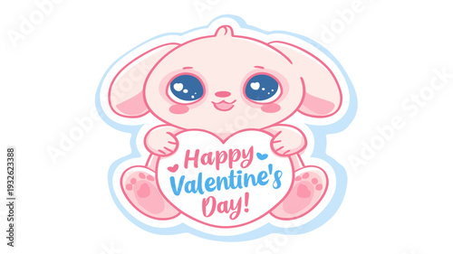 Cute cartoon animal holding a pink sign for Valentine's Day celebration. Cute big-eyed animal delivering Happy Valentine's Day message