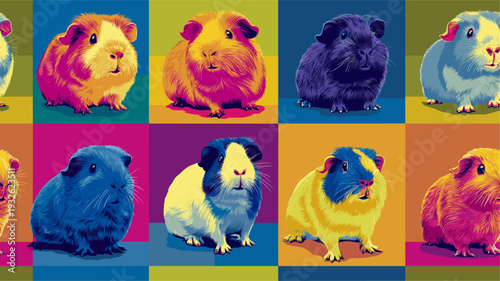 Nine cute guinea pigs in a colorful pop art distinct grid pattern. Pop art guinea pig distinct pet portraits grid