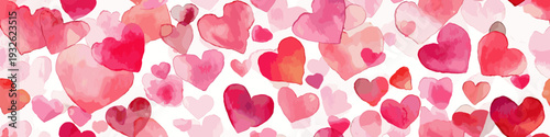 Watercolor hearts creating a seamless pattern in shades of pink and red on a white background. Seamless watercolor heart pattern for Valentine's Day love