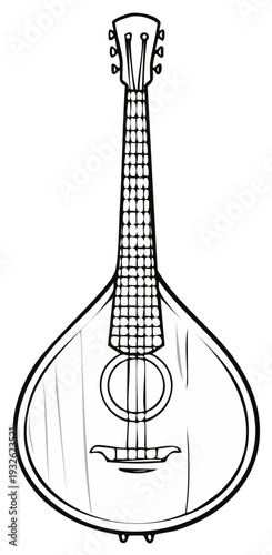 Illustration of an antique stringed instrument with a teardrop body and tuning pegs, detailed line drawing