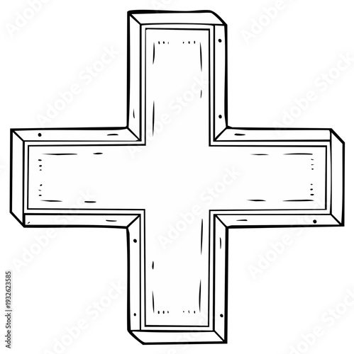 Outline of a large, stylized plus sign with a border and internal frame details, hand-drawn aesthetic