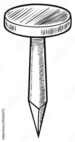 Drawing of a thumbtack with a round head and sharp metal pin ready for use