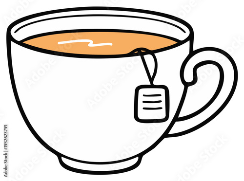 Cartoon-style cup of tea with a teabag illustration.