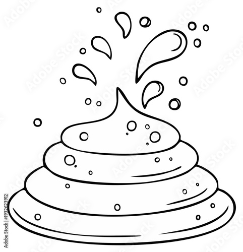 Cartoon poop with splash illustration, funny poo, waste, black and white
