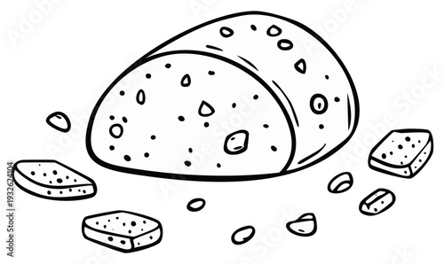 Loaf of bread outline sketch with crumbs for coloring books or graphic design projects
