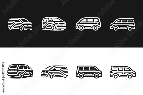 Striped Line Art Vans Minivans White and Black Icons