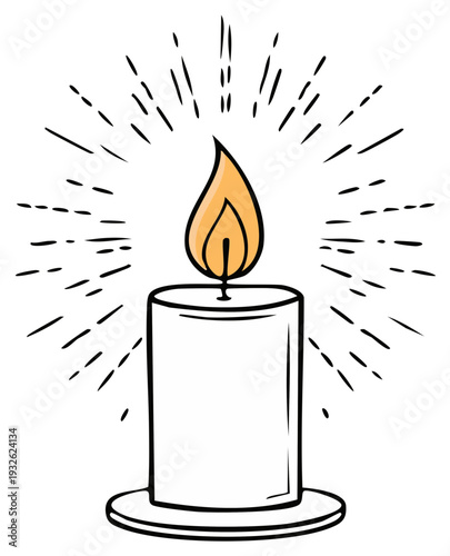 Hand-drawn white candle with bright radiating light beams emanating and flickering flame symbol of spirituality peace memory