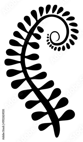 Stylized fern frond silhouette showing a delicate spiral unfurling. Nature design element evokes freshness and organic growth.