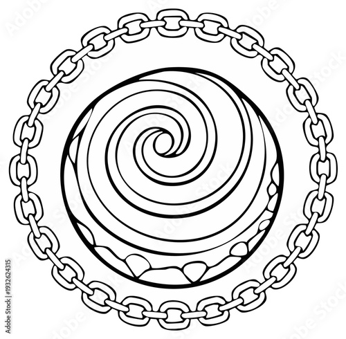 Circular design with a swirling vortex inside a decorative border and chain