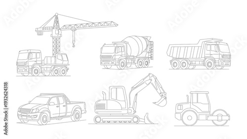 Construction Fleet Illustration: A collection of meticulously crafted line art depicting essential construction vehicles, each meticulously rendered.
