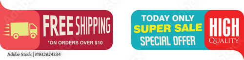A colorful sale banner with free shipping and high quality labels