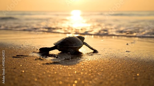 Tiny sea turtle hatchling makes its determined journey across a sandy beach towards the vast ocean at golden hour sunset