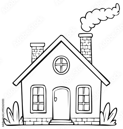 Cartoon house with two chimneys and smoke coming out of one, simple line drawing