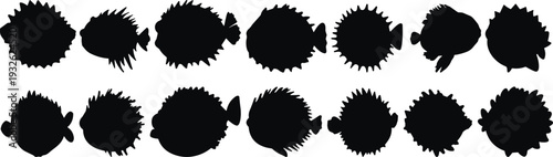 Pufferfish silhouettes set, spiky blowfish sea creatures isolated on white background vector illustration collection