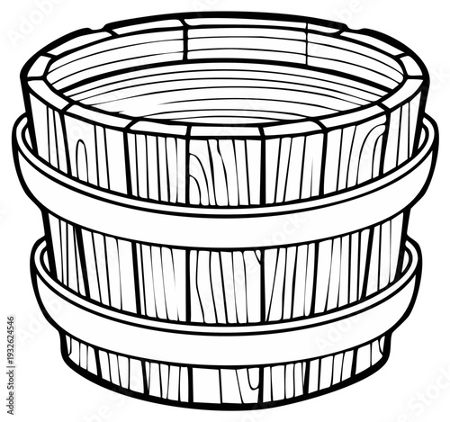 Traditional wooden barrel or tub with metal bands illustrated outline on a white background