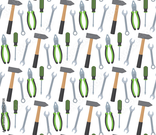 Seamless pattern with hand tools for construction and repair. Background of hammer, pliers, screwdriver, wrench and ratchet.
