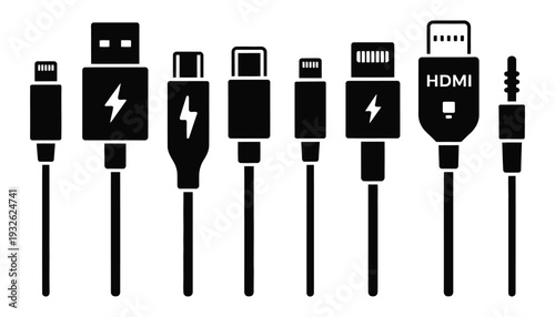 Cable connectors icons vector illustration, USB, HDMI, audio jack, charging cable, smartphone connector, electronic device accessory, flat technology design.
