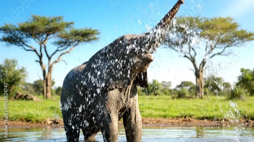 Young African elephant playfully splashing water at a savanna watering hole on a sunny day