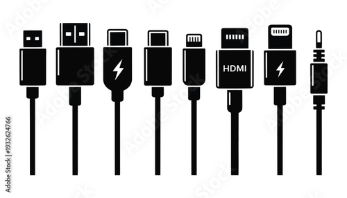 Cable connectors icons vector illustration, USB, HDMI, audio jack, charging cable, smartphone connector, electronic device accessory, flat technology design.