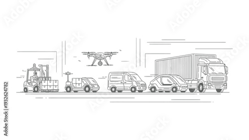 Innovation in Transportation: A futuristic vision showcasing a convoy of autonomous vehicles, including trucks, vans, cars, and drones, all designed for seamless and efficient transport solutions.