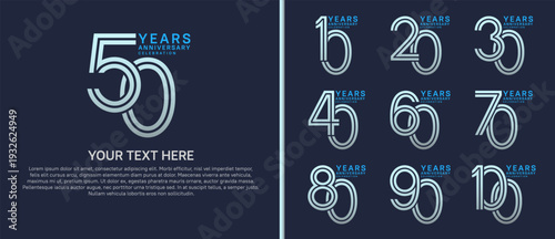 anniversary logo set multiple line style. silver and blue color on blue background for celebration moment