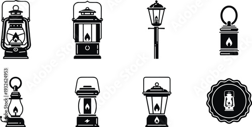 Vintage lantern silhouettes set, classic oil lamps and street lights isolated on white background vector illustration