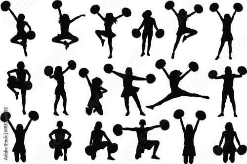 Collection of cheerleaders in various poses with pom poms on white background