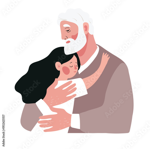 Grandfather hugging granddaughter. Flat vector illustration. Family relationship and generation bond concept. A gray-haired elderly man hugs a child. Design for greeting card.