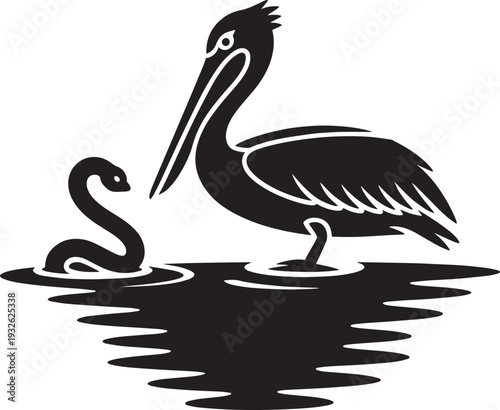 Pelican and snake silhouettes near water reflecting in water
