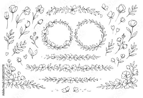 Obraz na plátně Hand Drawn Floral Dividers and Wreaths Set, Decorative Flower Borders, Frames, a