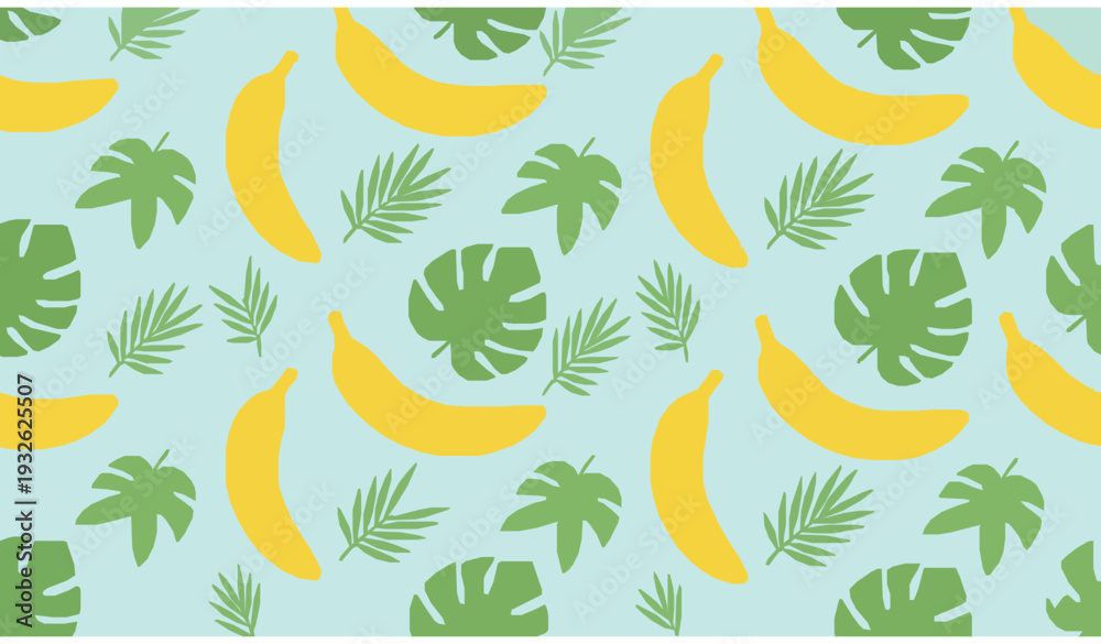 Obraz premium Tropical Banana and Palm Leaf Seamless Pattern Flat Cartoon Summer Vector Design