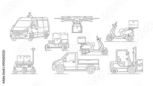 Delivery Vehicles's Array: A graphic showcasing a variety of vehicles utilized in the transportation and delivery sector, from drones to vans.