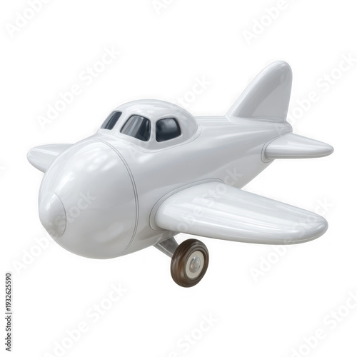 Cartoonish 3d rendering of a simple white airplane toy with one wheel
