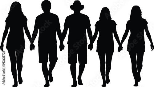 Silhouette of a group of people holding hands walking together in a line