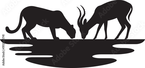 Predator and prey animals drinking water from pool on transparent background