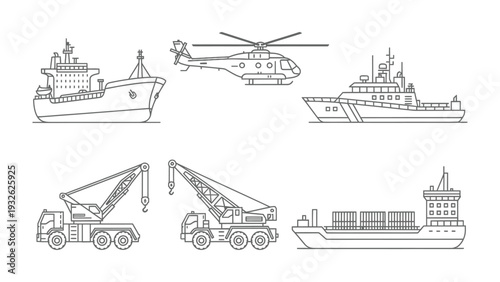 Transportation Icons: A collection of various transportation modes and equipment, ideal for illustrating concepts related to travel, logistics, and industry.