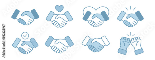Business handshake and fist bump icons vector illustration, partnership agreement, teamwork, friendly greeting, collaboration symbols, transparent background, flat design.