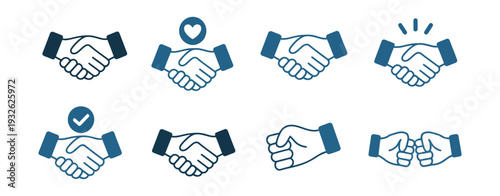 Business handshake and fist bump icons vector illustration, partnership agreement, teamwork, friendly greeting, collaboration symbols, transparent background, flat design.