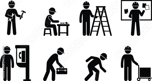 Construction worker icon set featuring maintenance, repair, installation, technician services and industrial labor activities representing professional workforce occupations illustration