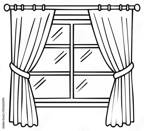 Black and white cartoon window with curtains open.