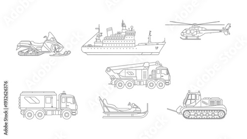 Fleet of Machines: A detailed illustration showcases a diverse collection of transportation modes, ranging from a helicopter and ship to various land vehicles, representing mobility and versatility.