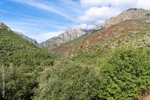 Corsican mountain landscape with rugged peaks and valleys