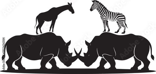 Rhinos and zebras fighting in silhouette on gray background, endangered species concept