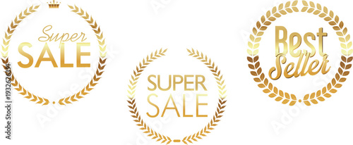 Golden sale and best seller badges on white background