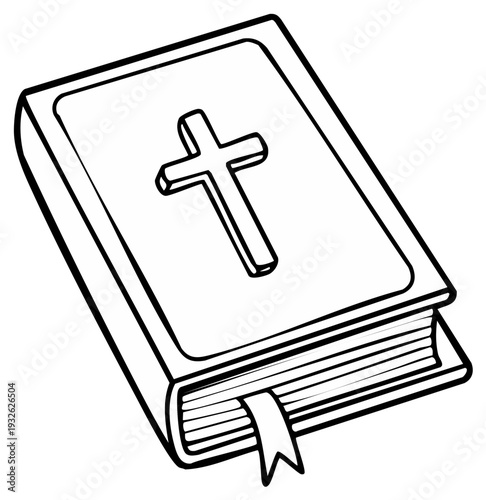 Illustrated book with religious cross on cover, bookmark. Spiritual symbol.