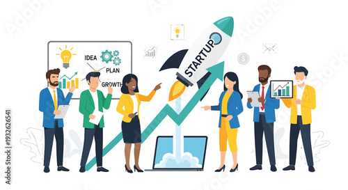 Set of 6 business people launching startup vector