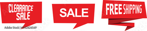 A red speech bubble with white text announcing a sale