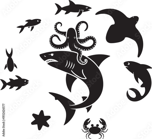 Set of black sea animals and fish silhouettes on transparent background for design