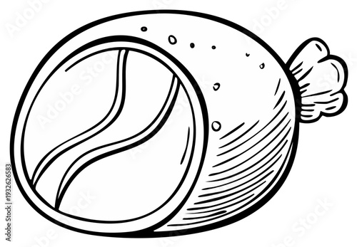 Black and white illustration of a sausage link with cross section showing contents and tied end